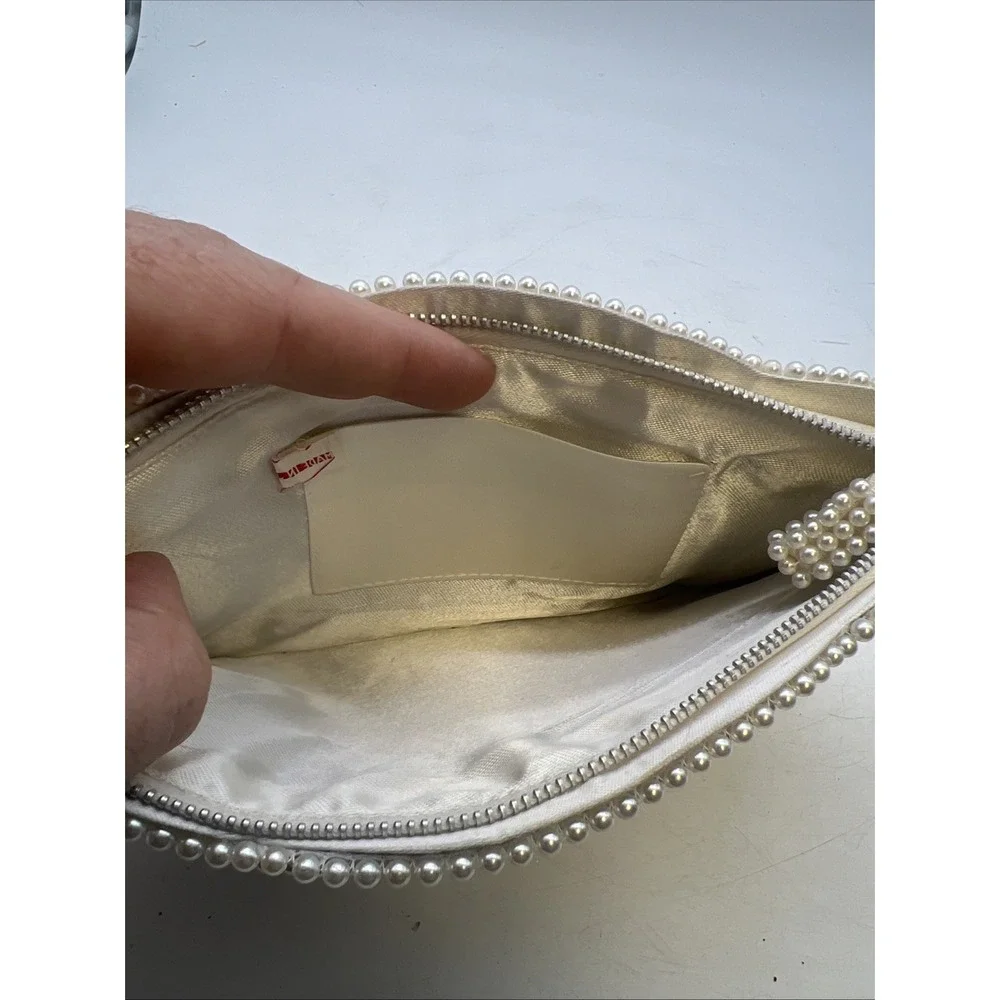 Vintage 1960s Ivory Cream Beaded‎ Small Clutch Zip Hand Made Japan Wedding